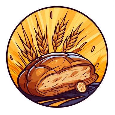 circular icon of a bakery, loaf of bread, wheat, yellow and brown coloring, clip art, line art, white background, dnd fantasy style