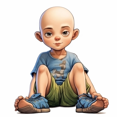 boy sitting, bald, 5 years old, long tin black, eyebrows, blue t-shirt, brown trousers, white shoes,nature, clipart