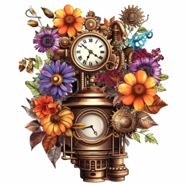 Immerse yourself in the whimsical world of steampunk and create a collection of vibrant and attention-grabbing steampunk floral arrangements clipart. Utilize a mixed media approach, combining traditional and digital techniques to achieve a unique and visually striking result. Incorporate steampunk elements such as gears, cogs, and vintage machinery, seamlessly blending them with the organic beauty of flowers and foliage. Draw inspiration from artists like Gustave Doré and H.R. Giger, infusing th
