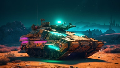 cyberpunk 2077 inspired camouflaged neon amphibious tank with laser turrets, armored amphibious vehicle in post apocalyptic dessert clipart. Cinematic, Ultra-Wide Angle, Depth of Field, hyper-detailed, Unreal Engine, Cinematic, Photoshoot, Shot on 25mm lens, Depth of Field, DOF, Tilt Blur. Shutter Speed 1/1000, F/22, White Balance, 32k, Super-Resolution, Megapixel, Pro Photo RGB, VR, Lonely, Good, Massive, Half rear Lighting, Backlight Natural Lighting, Incandescent, Optical Fiber, Moody Lightin