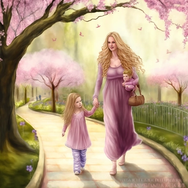 beautiful young pregnant mother with long beautiful blonde hair and toddler daughter with beautiful long auburn hair holding hands walking in park, flowering trees, path lined with benches, highly detailed, realistic, fantasy, ethereal, soft colors of pink, purple and lilac, sharp focus, clipart style.