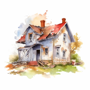 watercolour small broken and abandoned house, clipart on white background, no watermark, highly detailed, professional color gradation, clean sharpness