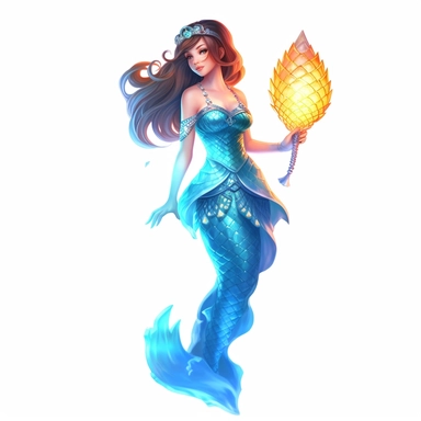 a glowing asian charming mermaid with blue lights on her scales and fins, mermaid fin, full body, delicate detail, artistic interpretations, watercolor, manhwa character design, in the style of artgerm, 2d game art, quadratura, clipart, on white blackground,