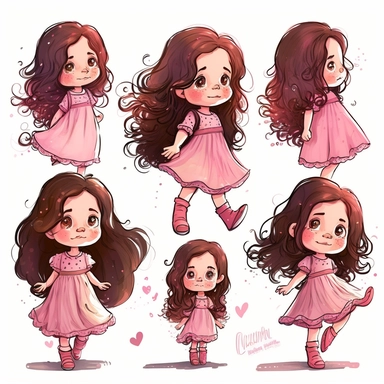 1 cute girl,cute, 5 years old, pink dress, long hair, black hair, multiple pose and expressions, children's book illistion style,watercolor clipart,