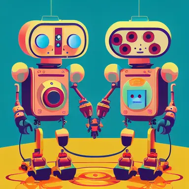 a virtual world full of heartfelt robots that encourage each other, play games with each other, create beautiful clipart together in a pop art style