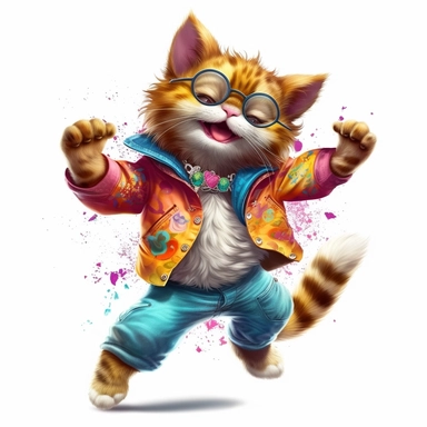Funny dancing cat clipart on a white background, chibi and real style, masterpiece, realistic photography, colorful background, detailed, intricate details, rich colors, realistic style