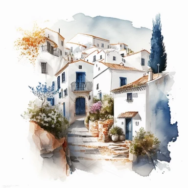 beautiful watercolor clipart of white houses on a cobbled street in a French hillside village near the Mediterranean sea, warm summer hues with blue and white, compositions on an isolated white background. Bright landscapes illustrations, highly detailed
