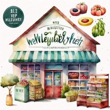 Watercolor Grocery Store Clipart