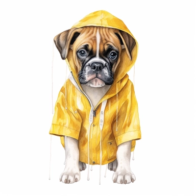 watercolor, boxer puppy wearing a yellow raincoat clipart, on clean white background