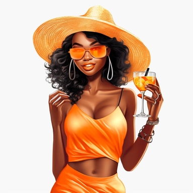 pretty black girl, Sun Straw Hat Wide Brim Summer Hat Foldable Roll up Floppy Beach Hats, pretty, holding a cocktail drink, orange outfit, 4k, hd, clipart