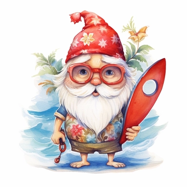 A watercolor painting of cute Santa's red hat in a Hawaiian shirt and sunglasses, holding a surfboard and standing on a beach, cute big eyes, cute detailed digital art, whimsical and cute, cute detailed artwork, glimmering, adorable and whimsical, whimsical art, Clipart style