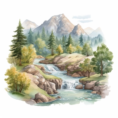 Professional gouache hand - painted illustration of Mountain River in the middle surround by trees, spring, focus on the mountain, Landscape clipart, hiking, nature, camping, white background, natural form, very detailed, deep colour, 8k