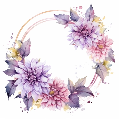 a circle floral frames made with Soft Purple and Pastel Purple Dahlia flowers, wet on dry watercolour style, antique look, clipart, white background