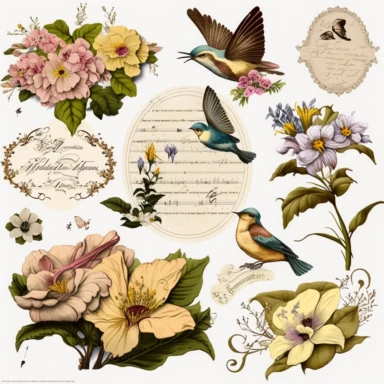 Floral Ephemera Elements Clipart scrapbooking flower embellishments old handwriting, music, birds butterflies bouquets