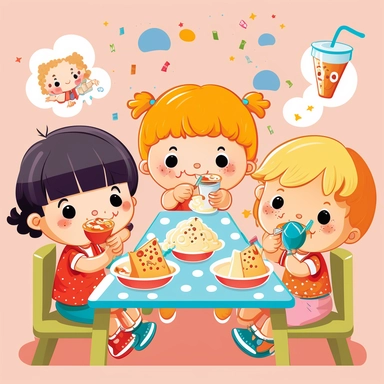 cute preschool friends eating meal in the kindergarten, children's magazine illustration, clipart
