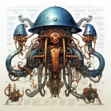 Steampunk octopus prototype, full body, watercolor, gears, pinions, calipers, clocks, rivets, top hat, clipart, duo tone, realistic, ultra resolution, vivid detail, 8k, minimal watercolors, white background
