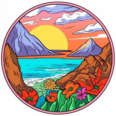 Sticker, clipart, bright colors, Brush painted volcano with tulip flower inside and coastline beneath ,contour, vector, white background, white outline, circle frame.