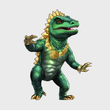 baby Godzilla, looks like Michael Jackson, doing dance steps, wearing a miami heat basketball jersey, wearing a gold pendant with a gold bitcoin on it, wearing hip hop style black satin pants and a green iridescent silk shirt, techno lighting, clipart on plain background