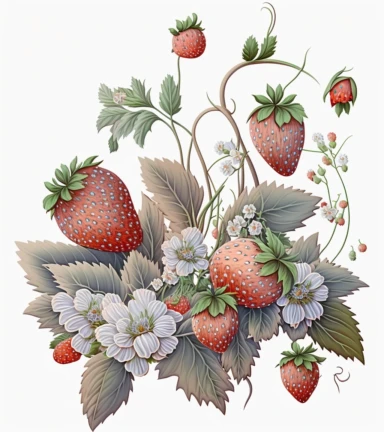 watercolor strawberry plant screenshot,clipart, super detailed, in the style of watercolor illustrations, intricate patterns and details, ceramic white and dusky pink on solid white background , no shadow, oil paintings, nightcore, decorative artistry, on white background, spaced out