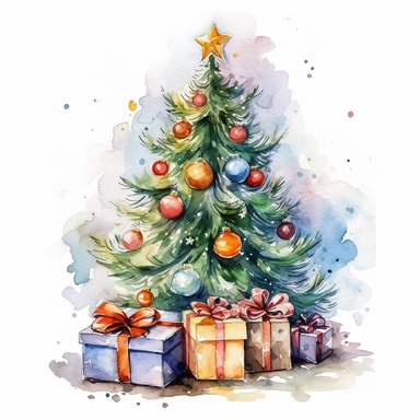 watercolor christmas tree with presents under clipart high resolution