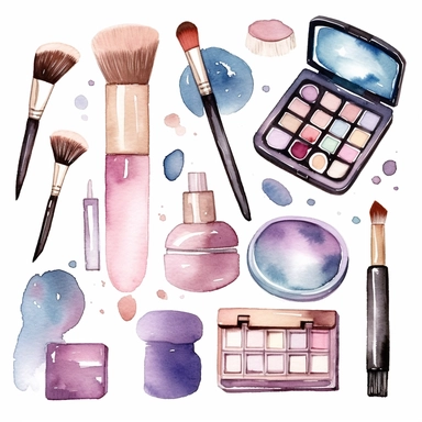 Watercolor cosmetic icons isolated on white background. Makeup clipart, elements for a beauty blog, watercolor beauty clipart, self-care, fashion illustration