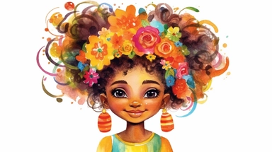 A delightful clipart portraying an African American girl with an intricately textured hairstyle, dressed in fashionable and whimsical attire that exudes her playful spirit. The artwork is rendered in a watercolor art style, with bold brushstrokes and vibrant hues, evoking a sense of joy and spontaneity. The high-resolution and transparent background add a touch of elegance to the overall composition.
