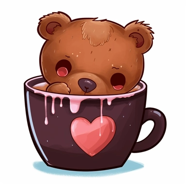 horror, Clipart of sad crying cute brown bear , in a cup of blood with broken heart etched on it