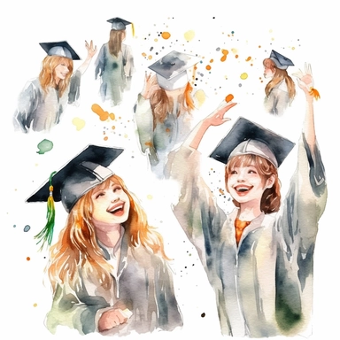 watercolor graduation ceremony related scenes, illustrations clipart set, simple, , cartoon elements ,different variants , separate elements with a margin, ,4k, high resolution