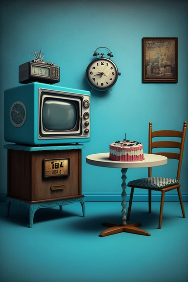 Stunning art of room landscape, happy birthday cake, minimalism, bright colors, old antique tv , walls , clock, table , chair , clip art, blue brown black and white color