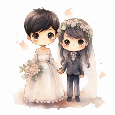 full body Little bride and groom, Watercolor Clipart, strybk, full Illustration, 4k, sharp focus, watercolor, smooth soft skin, symmetrical, soft lighting, detailed face, concept art, muted colors, watercolor style, strybk, children's style fairy tales, chibi kawaii, . Octane rendering, 3d. Perfect face, detailed face, delicate face, perfect sharp lips, detailed eyes. Craig Davison, Aubrey Beardsley, Conrad Roset, Aikut Aidogdu, Agnes Cecil, watercolor style