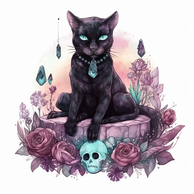 hand drawn black cat, sitting with front paw resting on a skull, flowers and crystals, shades of burgundy purple and teal, romantic and edgy, very detailed and realistic, watercolor, clipart style