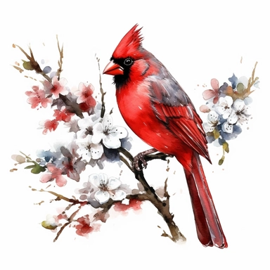 watercolor style, red cardinal sitting on a branch clipart, isolated on white background, hd