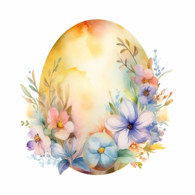 a dreamy watercolour pastel composition of one easter egg with beautiful bold pattern surrounded by delicate flowers isolated on a white background for clipart or sticker, enchanting cottagecore style by digitalcurio, warm and cozy feeling, warm glowing lighting –no text fonts letters watermark words typography slogans signature