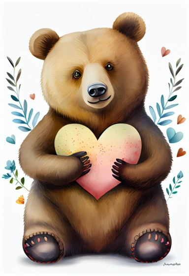 bear holding heart, clipart white background