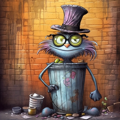 COMIC/CARTOON wacky funky tom cat standing in an alley next to the trash can,large eyeglasses, hats, muted colors, swirls, twists, twirls, metallic, glitter, stylized, funny, centered, airbrushed, digital oil, detailed illustration, clip art, cartoon, 8k, ar 9:8