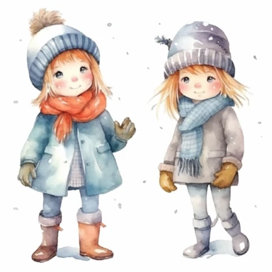 Set of watercolor cute little girl in winter clothes illustration for kids book, white backgroun, clipart, clean and crisp