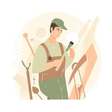 vector design, builder works with tools, writes, flat modern illustration, clipart, very simple picture, white background, soft gradient transition, in the style of warm color palette, natural pastel colors, in pastel light green beige and brown, object portraiture specialist, uniformly staged images, animated illustrations