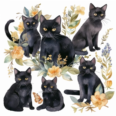 watercolor clipart black cats