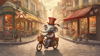 A whimsical chibi-style illustration showing a dapper elephant, trunk swinging in rhythm as he rides an antiquated, large-wheel bicycle. The tuba he carries lets out melodious notes, adding to the jubilant ambiance. The backdrop, a cheerful vintage townscape with cobblestone streets and quaint houses, adds to the storybook charm. Created digitally with a Wacom Cintiq Pro using Clip Studio Paint, utilizing watercolor and pencil brushes for a warm, hand-drawn look