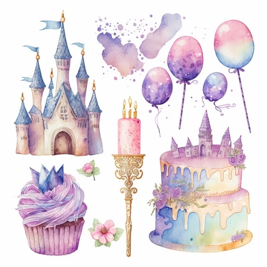 Birthday Day clipart, fairy tale, love, pastel colors, gift, aesthetic, watercolor, glitter, on isolated clean Vivid white background ,No paper texture