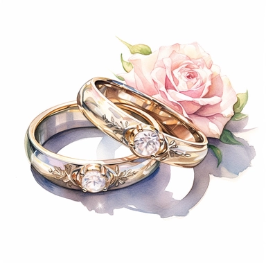 the same two wedding rings with small soft pink roses blooms background, big diamonds solitaire rings. single diamonds as the centerpiece, held securely in place by a prong setting. The bands are made of gold, and adorned with intricate engravings or small accent diamonds.watercolor impressionist shadow gradation, watercolor 8k ultra detail with white background high sharpness ultra detail, for clip art