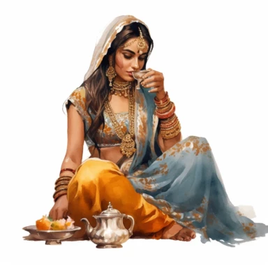 watercolor clipart, romantic desi aesthetic, indian woman wearing lots of jewellry and beautiful lehnga sitting on the floor drinking tea, close-up, depth of field, highly detailed, multilayered realism, UHD, 8K, 3D, solid white background
