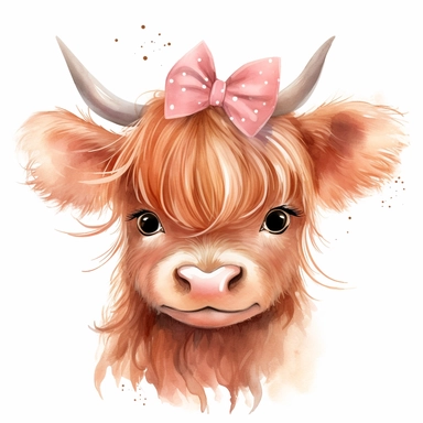 cute watercolor illustration baby girl highland cow wearing pretty hair bow clipart on white background