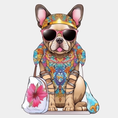 funny kawaii French Bulldog Puppy with Balenciaga sunglasses and cool accessories,cute illustration, clipart, white backgound, Cuttable Design,full body French Bulldog head using light neutral muted colors, feathers, boho style background, watercolor drawing, incorporating elements like feathers, dreamcatchers, or floral patterns, UHD