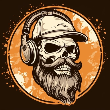clipart logo of a bearded skull +mustache, side profile, wearing baseball cap, wearing headset, toxicbiohazard sepia background splash