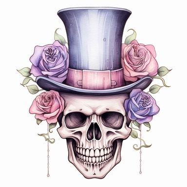 Skeleton, wearing top hat, gothic roses, watercolor, clipart elements, smooth gradients, black contour outline, ultra detailed, white background, super clear, high quality style by Lucy Fleming, watercolor, smooth gradients, black contour outline, ultra detailed, clipart elements, delicate pastel colors, solid white background, super clear, high quality