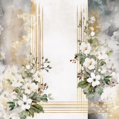 scrapbook paper template, intricate three small bouquets of white floral watercolor clipart on the borders on paper, luxurious textures, nature-inspired pieces, very high resolution