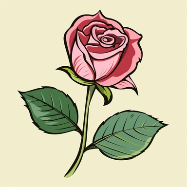 Create a clipart of a rose flower with a solid contrasted background. The rose should have soft, delicate petals with a graceful curve to each petal. The stem should have smooth lines leading down to a pair of glossy green leaves. The flower should be vibrant in color with a range of hues from deep red to dusty pink. The background should be a solid color, providing a clear contrast to the rose and emphasizing its elegant form.