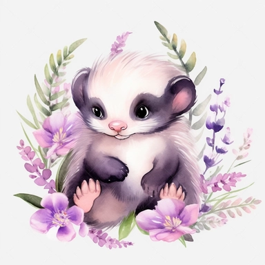 A beautiful, cute, adorable, watercolor, floral baby skunk pastel pink and pastel purple flowers and big cute eyes, very adorable, stunning with flowers, pastel colors, very beautiful, sparkling clipart, with a white background, or KKHDR hyper detail, hyper resolution, hyper realistic, hyper cartoon style