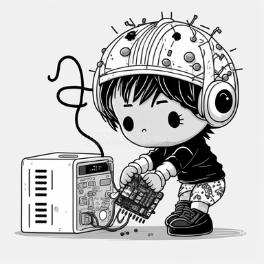 cute clipart of a kawaii kid doing housework. He has a computer brain, with electronic circuits, cards and buttons. Beautiful, flat, cute manga style, black and white